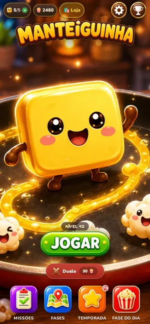 Menu do jogo com os modos Fases, Fase do Dia, Temporada e Duelo