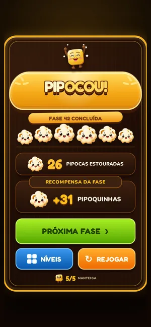 Tela de vitória de uma fase, com pipoquinhas comemorando